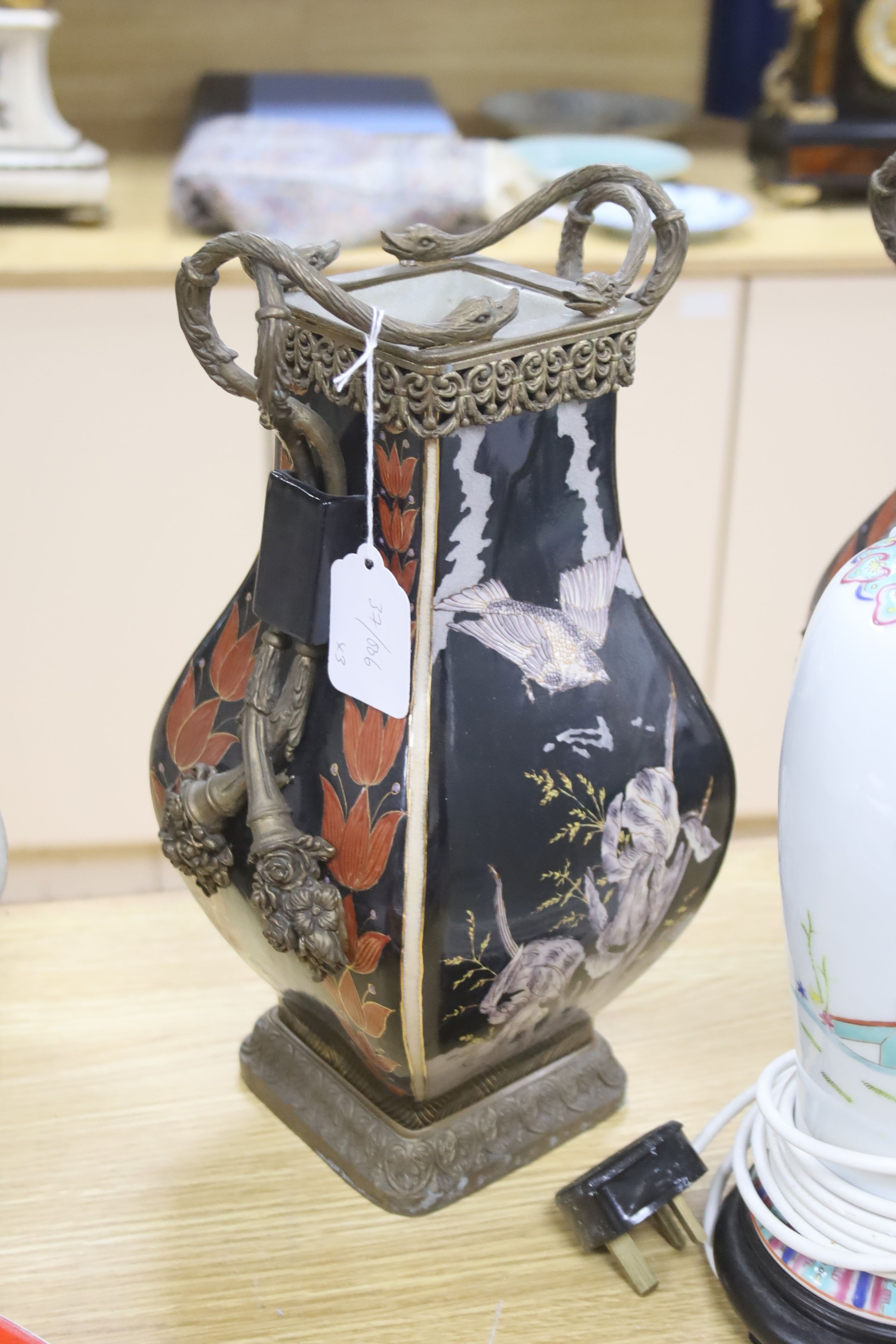 A pair of reproduction French bronze mounted porcelain lamps and a Chinese vase famille rose converted lamp, tallest 39cm